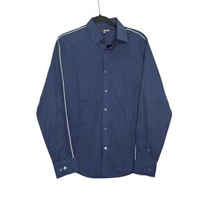 Murano Mens Navy Blue Long Sleeve Button Down Shirt White Piping Trim Size M